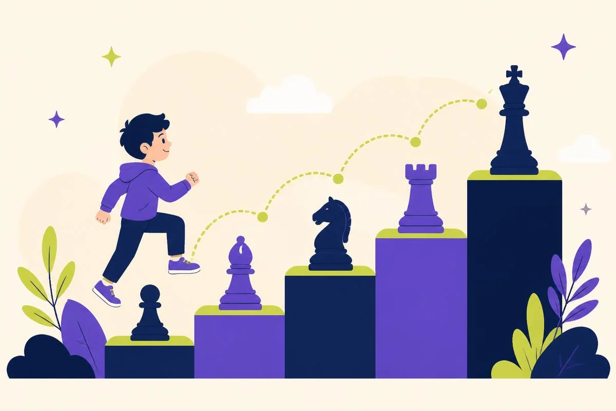 A child climbing five steps marked with chess pieces, showing the learning journey from beginner to advanced