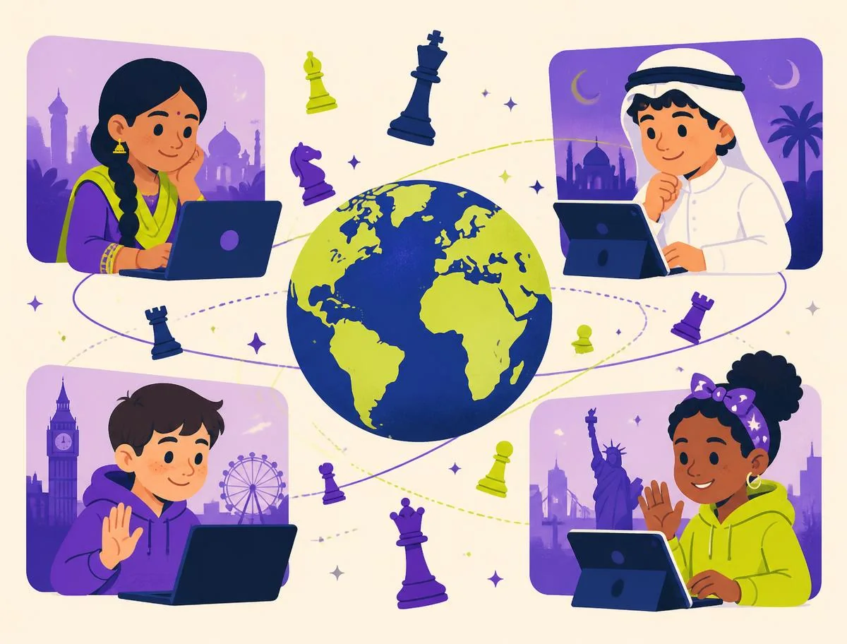 Children from India, the Gulf, the UK and the USA learning chess online around a globe