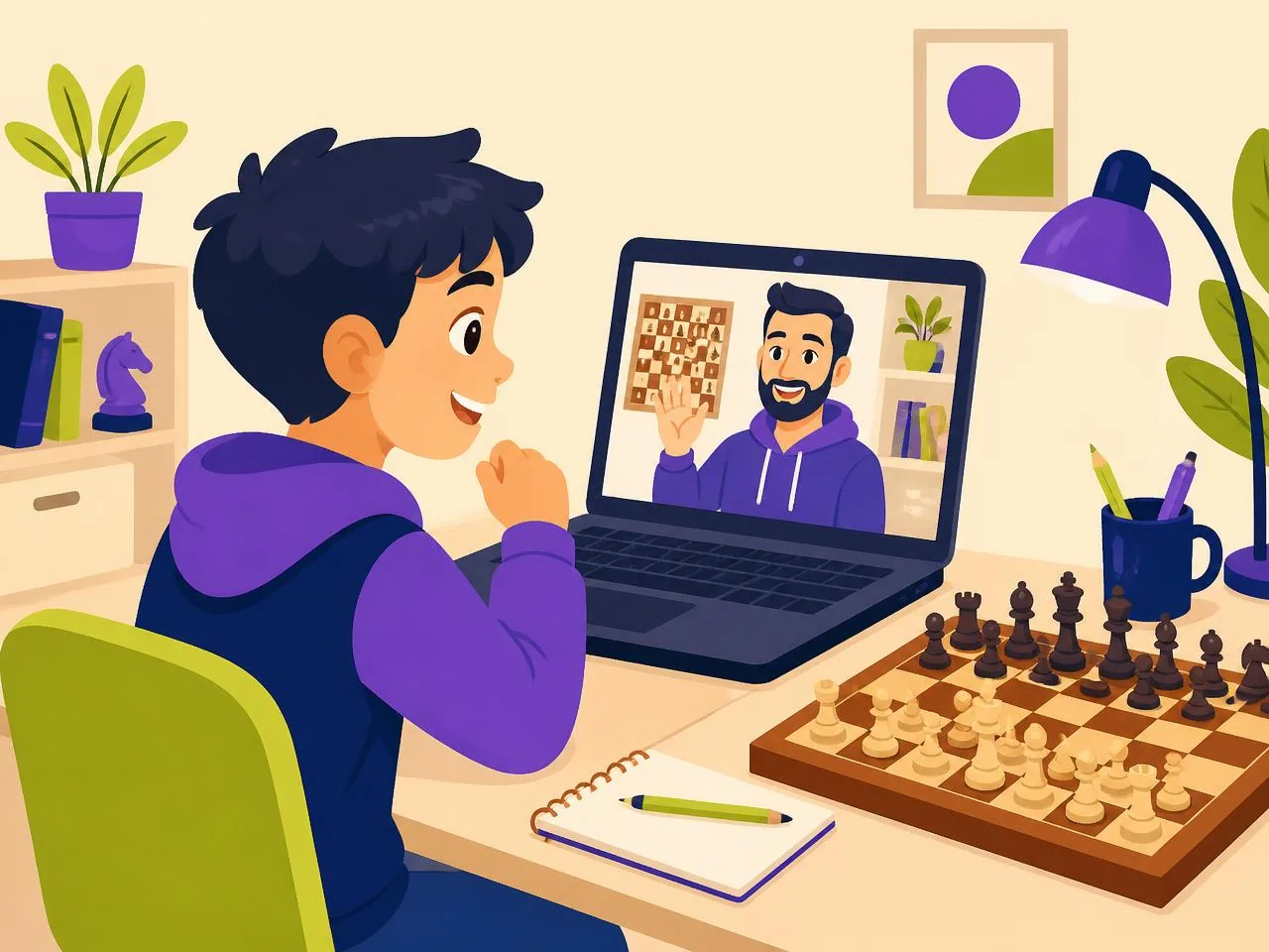 A child taking a live online chess lesson at home with a coach on the laptop screen