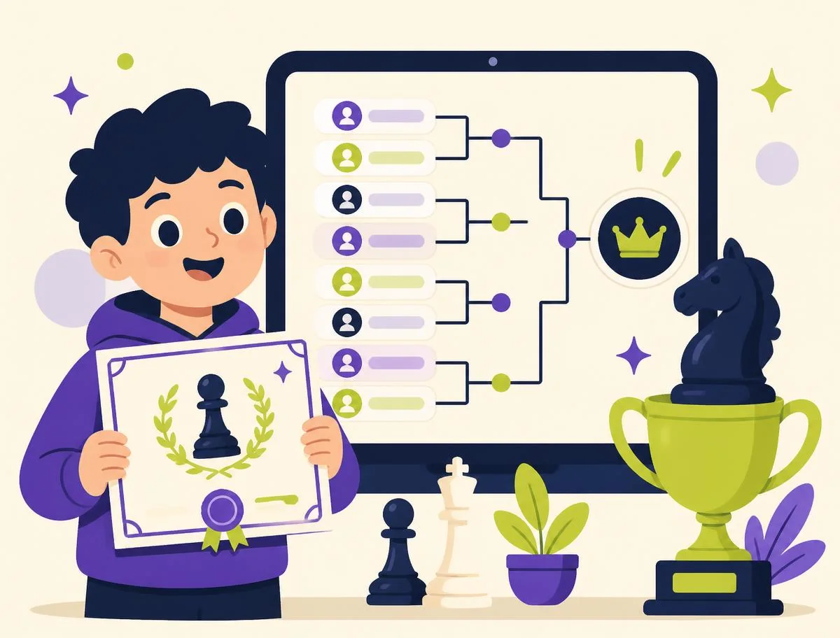 A child holding a chess achievement certificate beside a friendly online tournament bracket and trophy